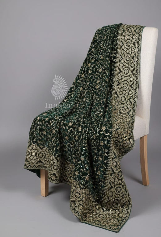 Embroidered Velvet Dupatta-Bottle Green