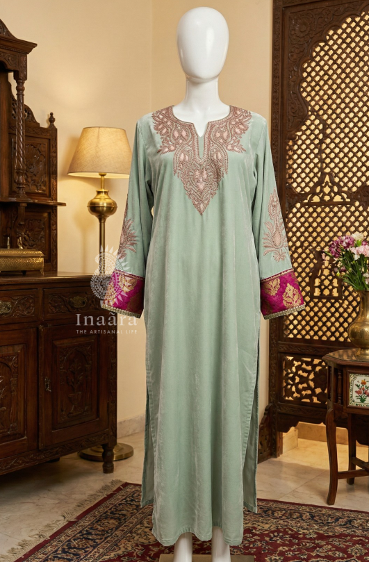 Velvet Ethnic Kurti-Pastel Green