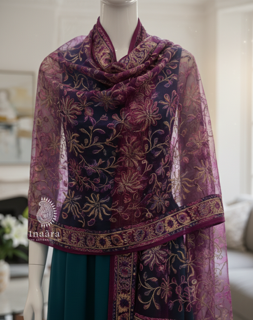 Floral Blockprinted Organza Dupatta-Purple