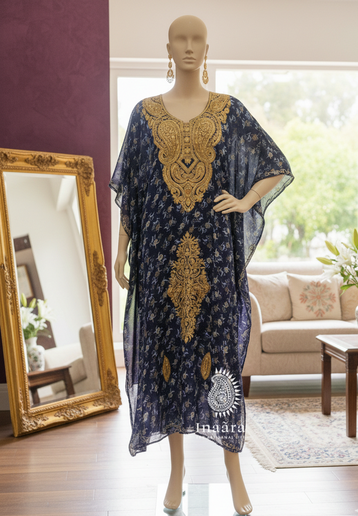 Kaftan w/ Gold Embroidery-Navy Blue