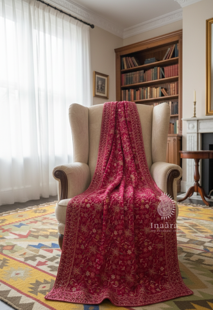 Embroidered Velvet Shawl-Red Floral