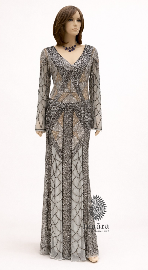 Beaded Long Dress -Monochrome