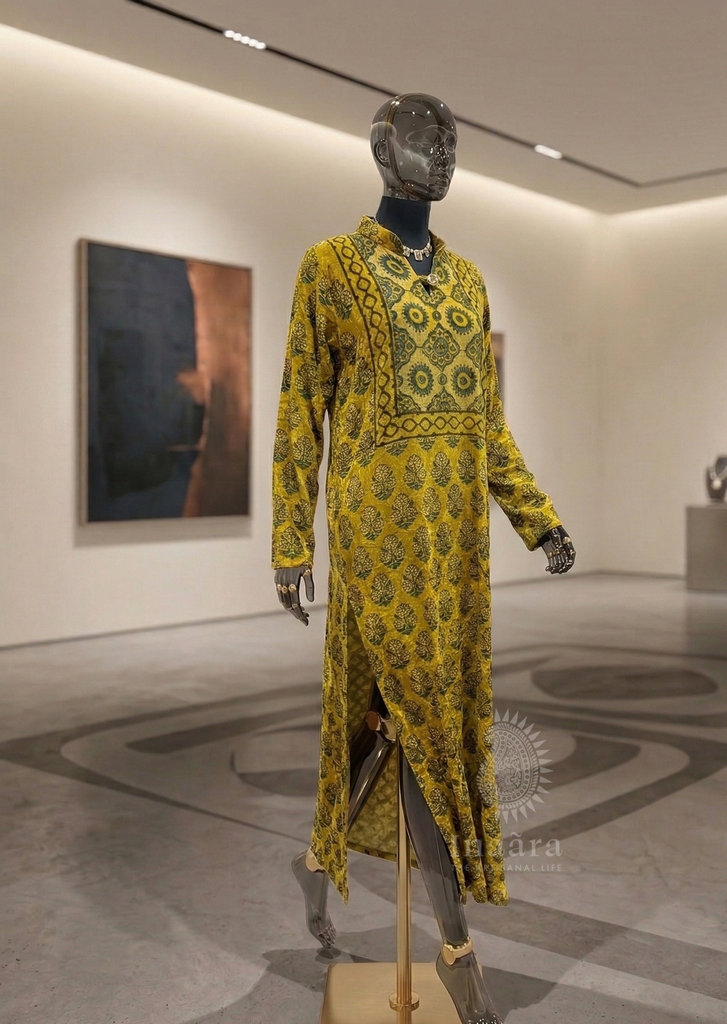 Ajrakh Velvet Long Kurta-Yellow