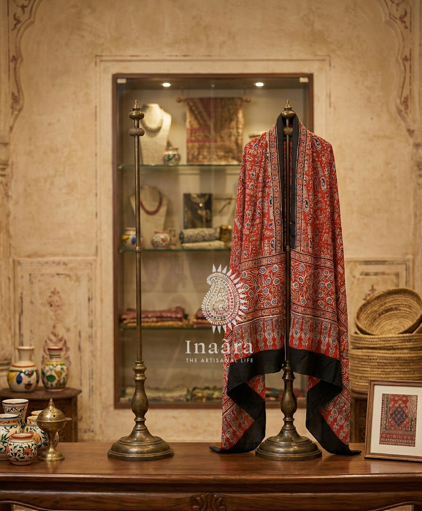 Modal Silk Ajrakh Dupatta-Red/Flowers