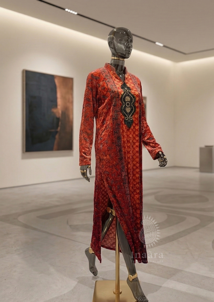 Ajrakh Velvet Long Kurta-Red