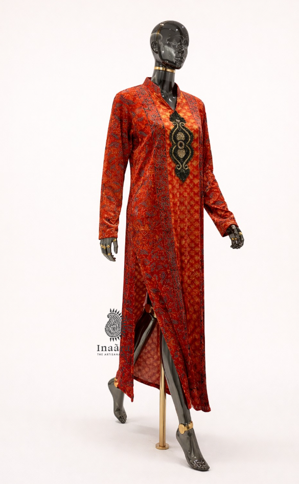 Ajrakh Velvet Long Kurta-Red