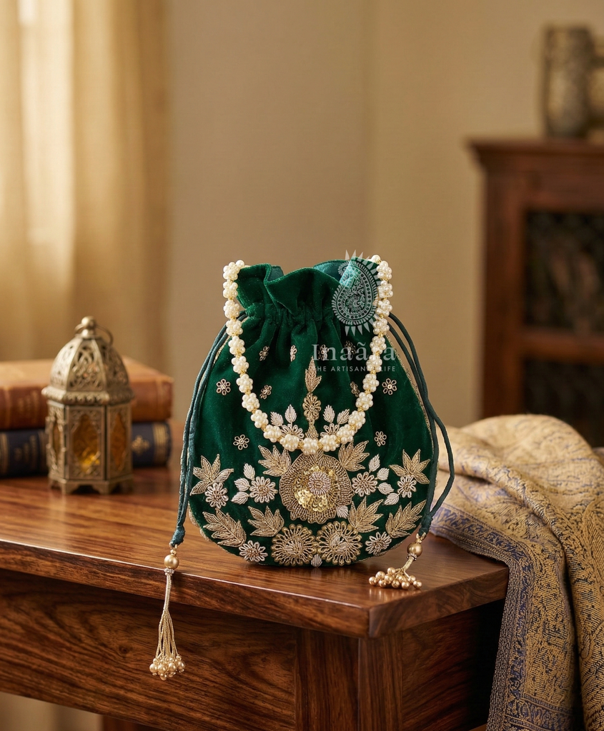 Embroidered Potli Bag-Green