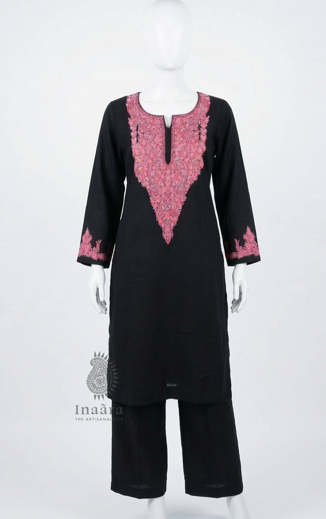 طقم كُرتي مطرز كشميري - أسود 2