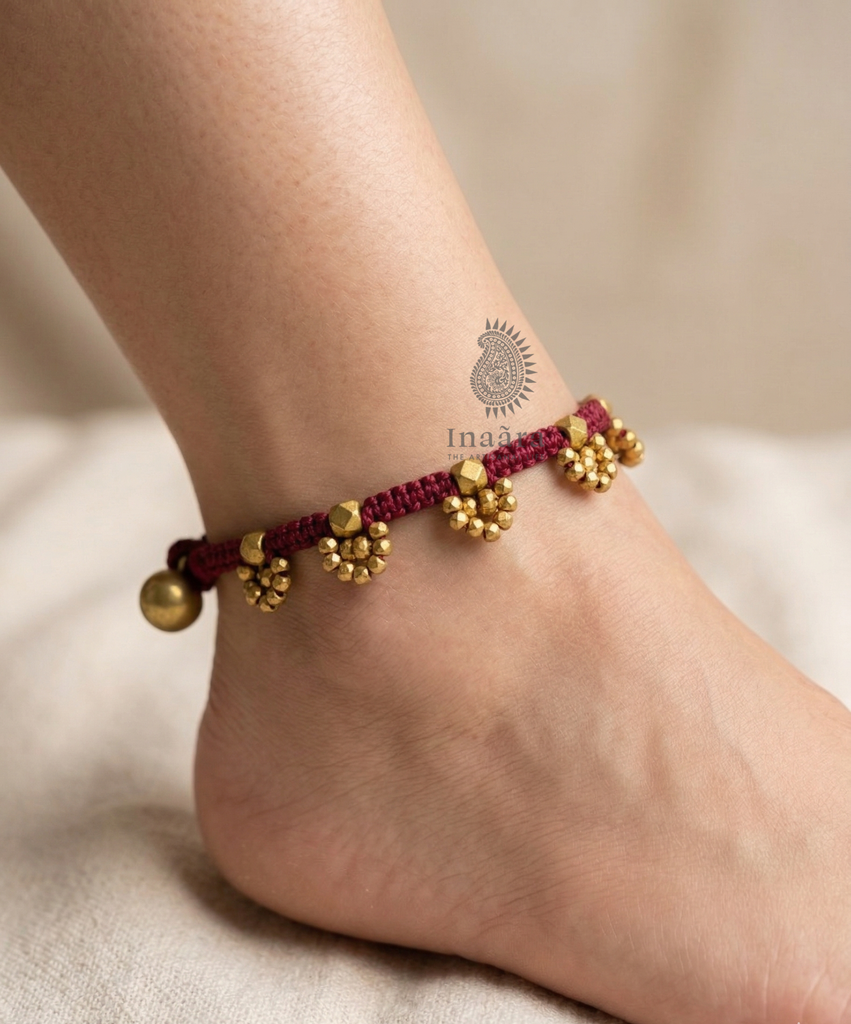 Brass Beads Anklet-Maroon