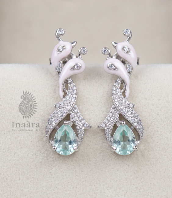 Enamel Zirconia Peacock Motif Earrings-Blue