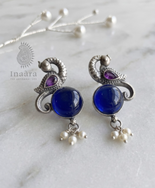 Silver-toned Peacock Motif Earrings- Blue