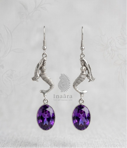 Silver Mermaid Dangle Earrings-purple