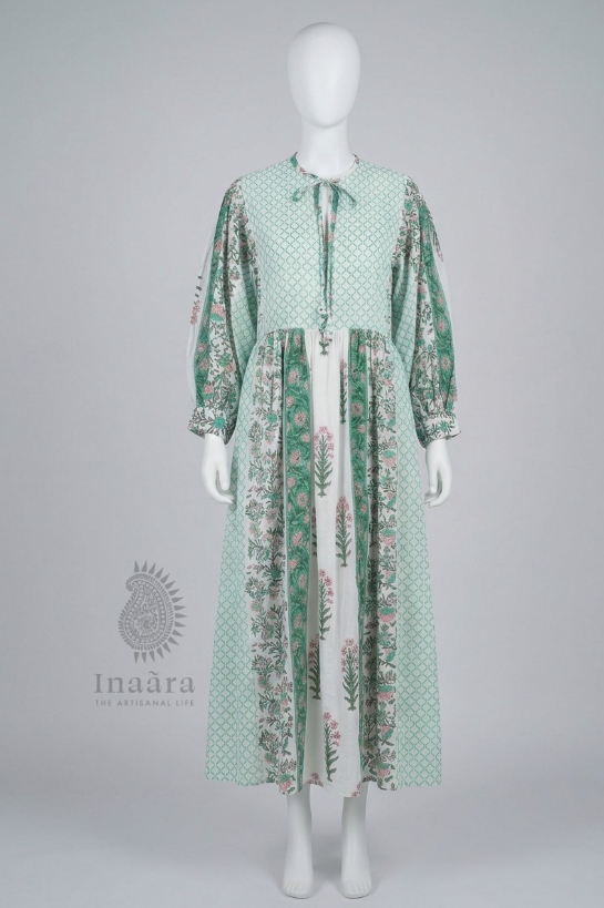Zehra Block Printed Dress-Green