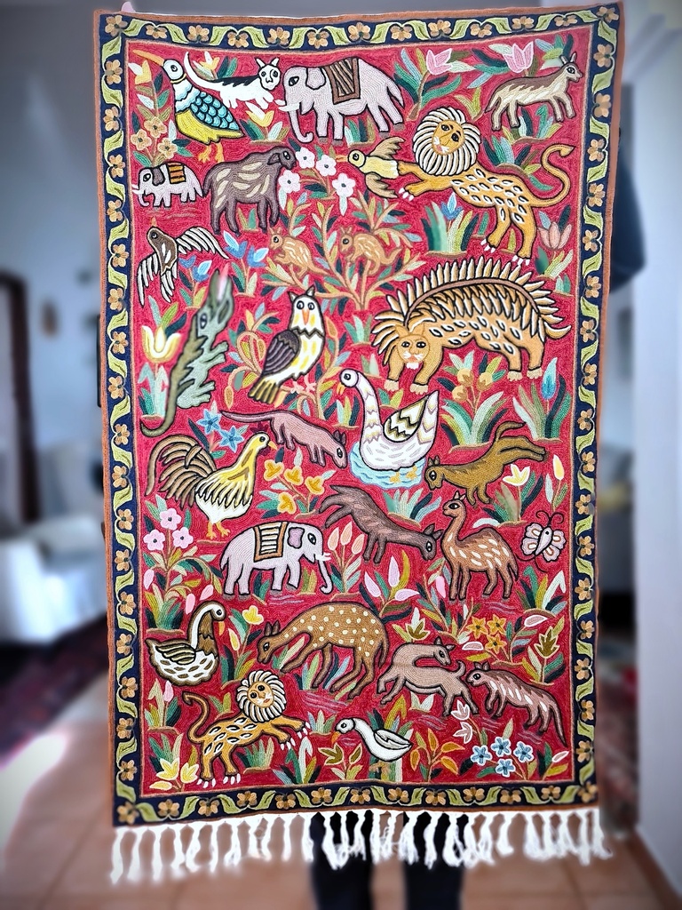 Crewel Embroidered Tapestry - Animal Garden (3.8x2.5 feet)