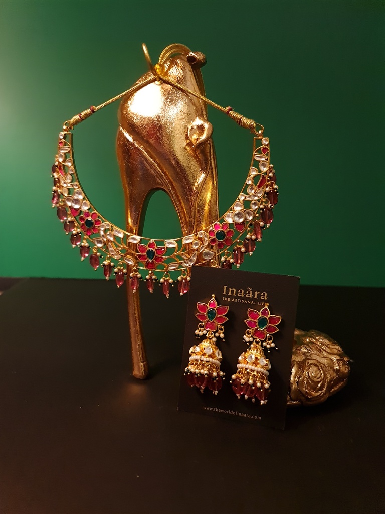 Vintage Polki Bib Necklace with Jhumkas