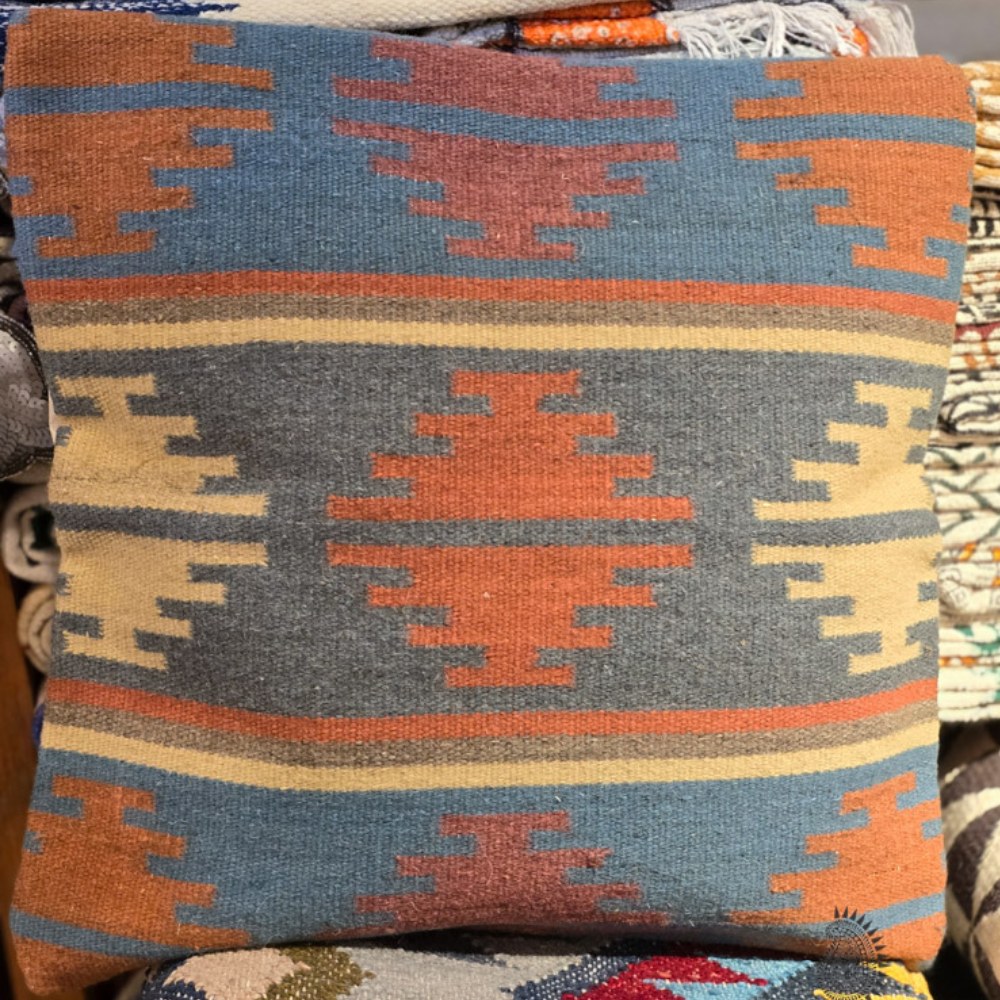 Hand woven cushion cover- Steel Blue & Orange Tones