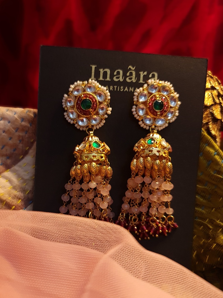 Peachy Pink Kundan Jhumkas