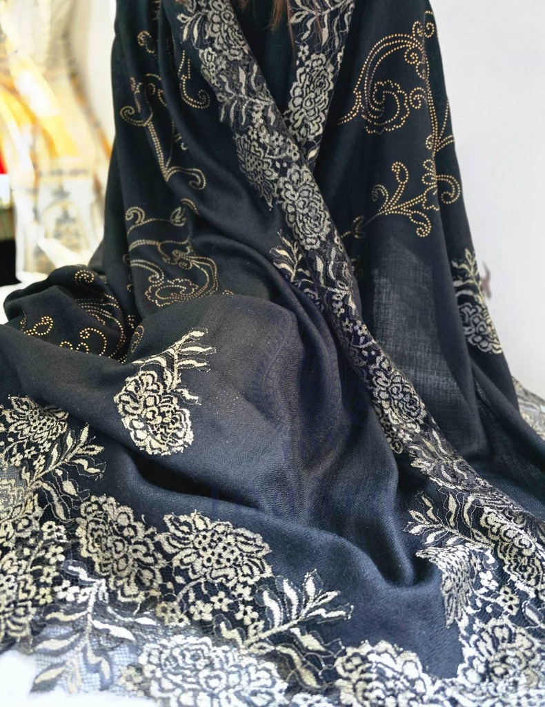 Nazakat Lace Trimmed Cashmere Shawl (Black)