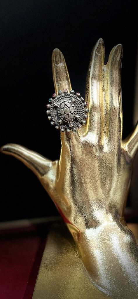 Turtle w/Rounded Stones Silver Adjustable Ring