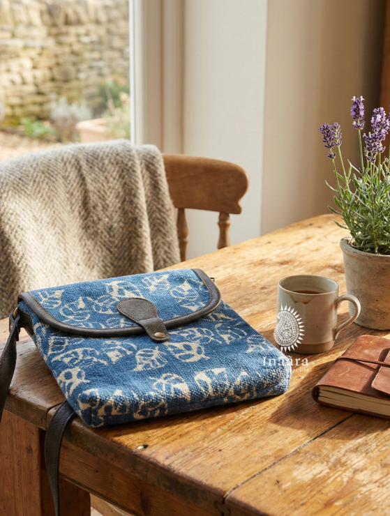 Indigo Block Print Sling Bag-Leaves