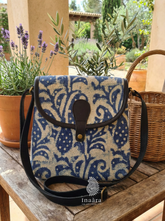 Indigo Block Print Sling Bag-Floral