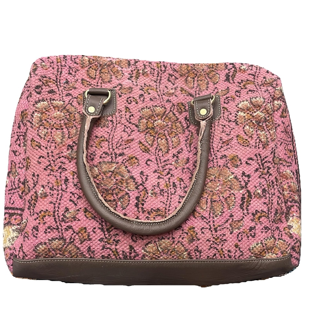 Sanganeri Print Dhurrie Bag-Leather Base Pink