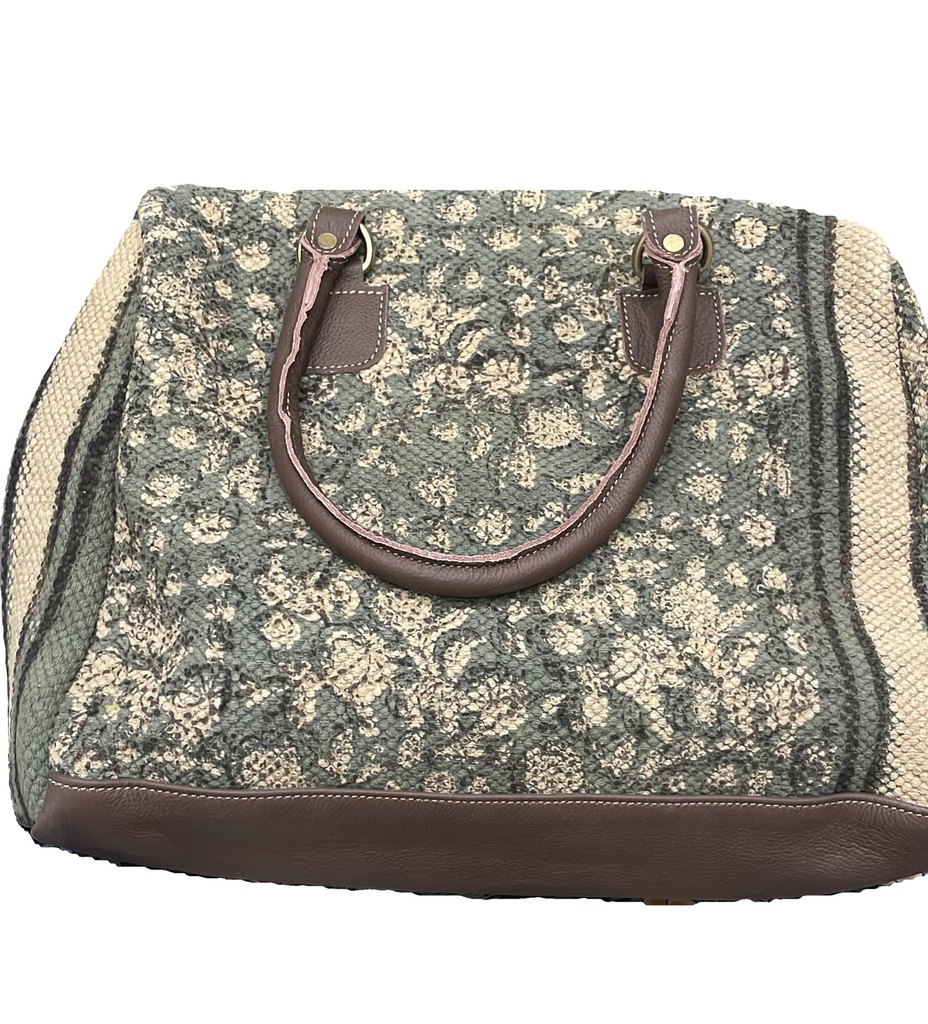 Sanganeri Print Dhurrie Bag-Leather Base