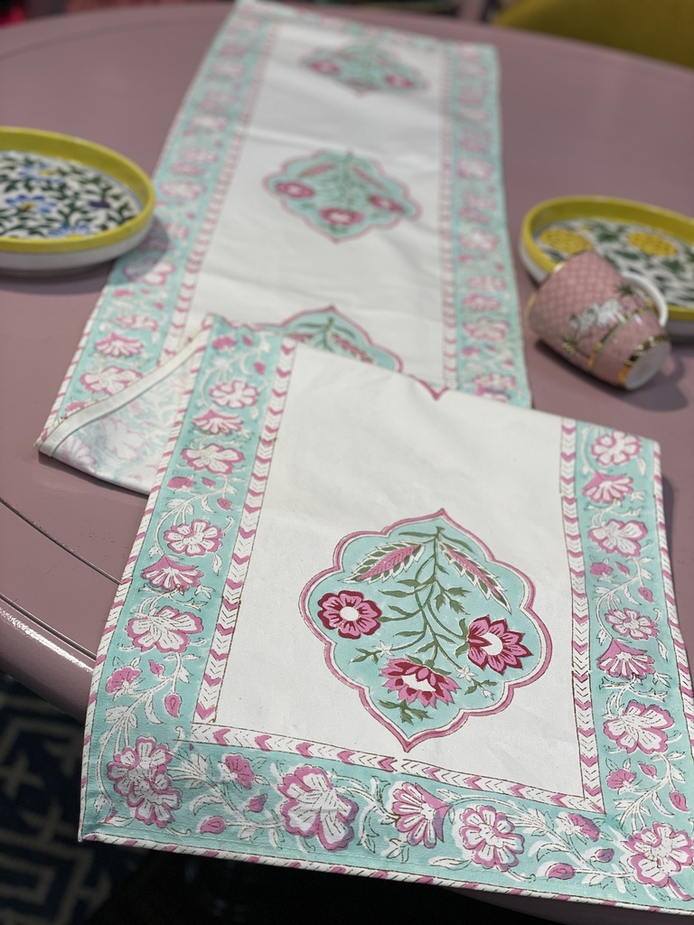 Handblocked Table Runner- Mint Green
