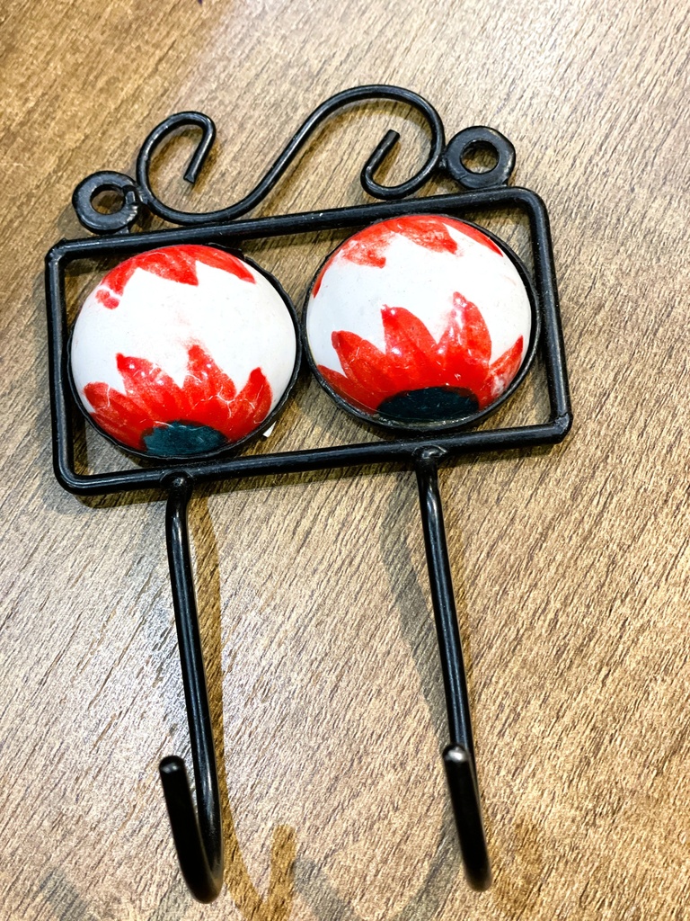 Hand Painted Ceramic Double Wall Hook-Red