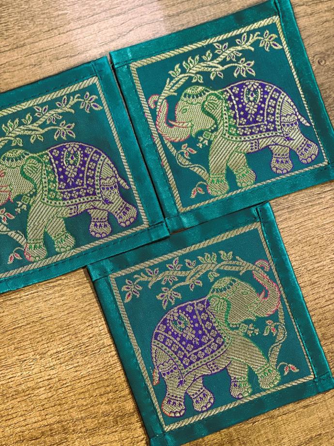 Silk Brocade Elephant Design Coaster-GRN/6