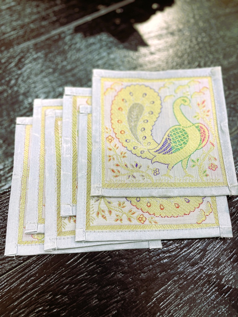 Silk Brocade Peacock Design Coaster 6pcs