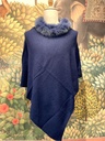 Cashmere Poncho w/Fur Trim Collar-Navy Blue