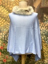 Cashmere Poncho w/Fur Trim Collar-Sky Blue