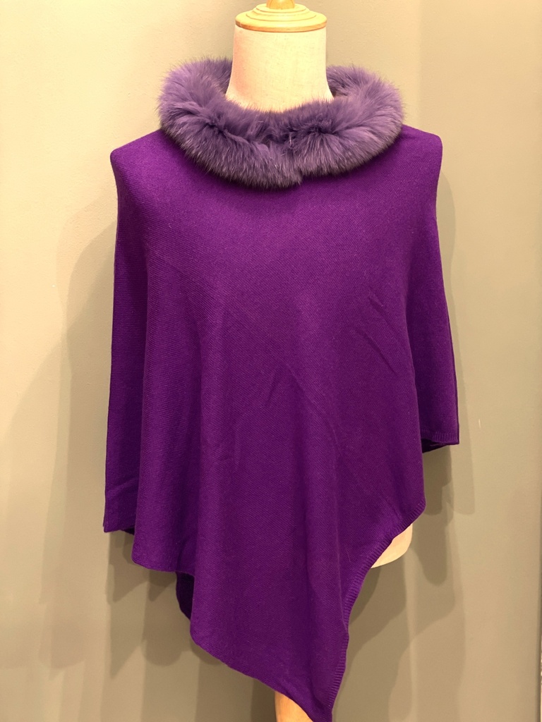 Cashmere Poncho w/Fur Trim Collar- Purple