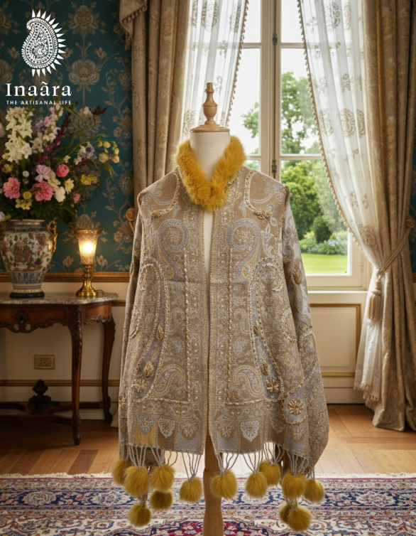 Kashmiri Natural Fur Poncho-Paisley Pattern/YLW