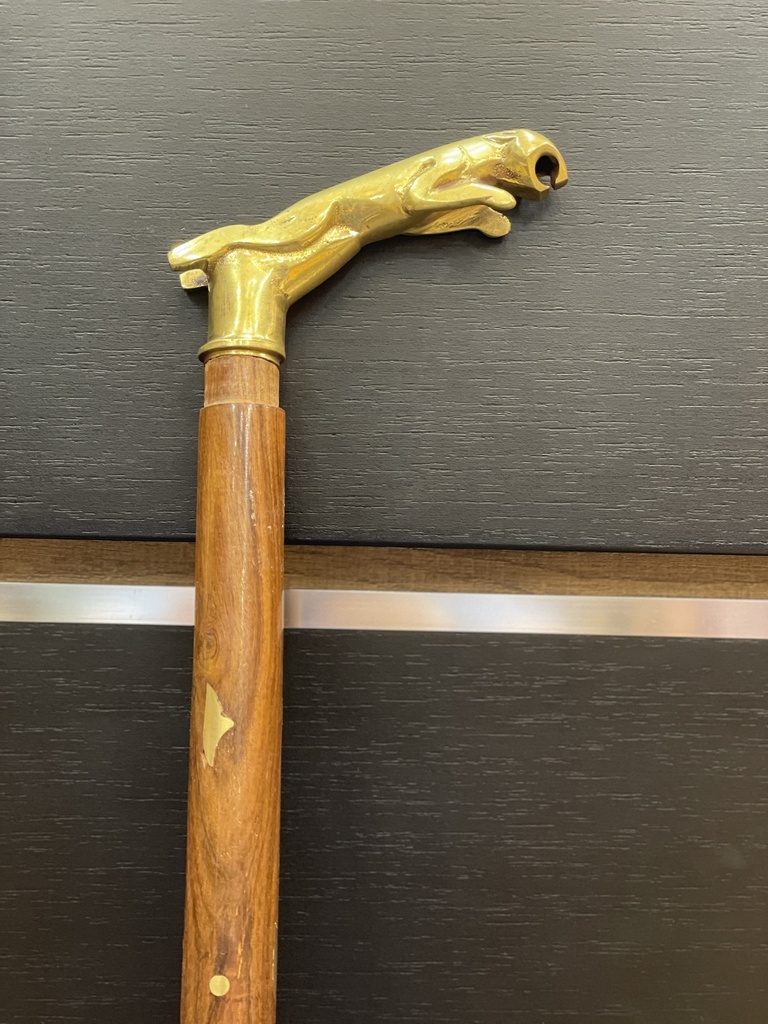 Brass Metal Cougar Cat Handle Inlay Walking Stick Cane