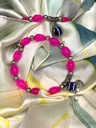 Glass & Silver Beaded Bracelet w/Evil Eye-Neon Pink