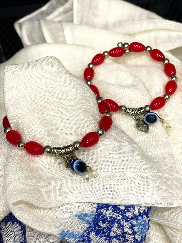 Glass & Silver Beaded Bracelet w/Evil Eye-Red