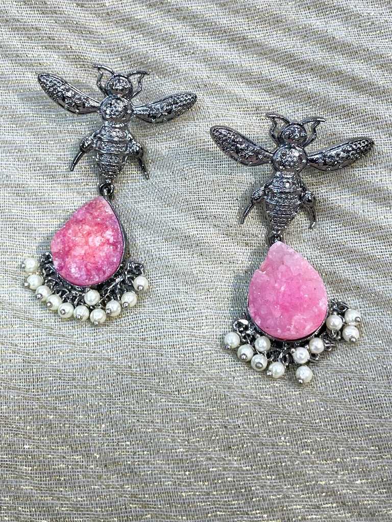 Raw Rose Quartz w/Bee Silver Oxidized Earrings