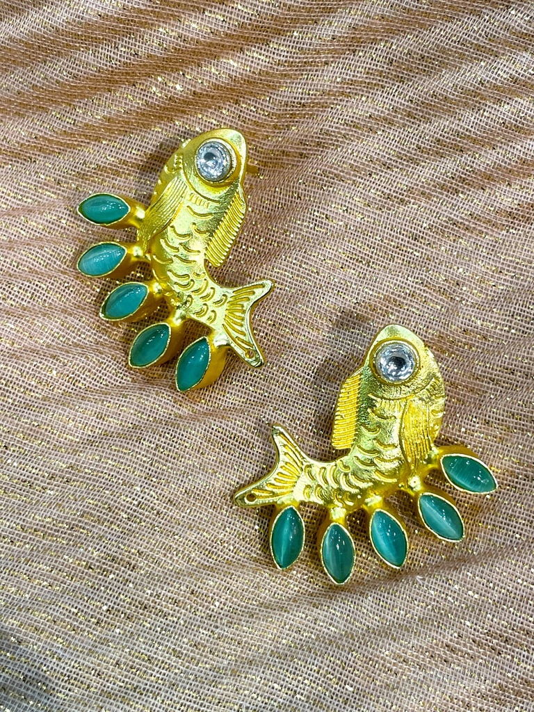 Gold Plated Jade Stone Fish Earrings