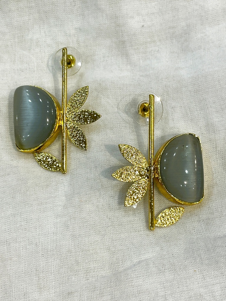 Gray Stone Golden Leaf Earrings