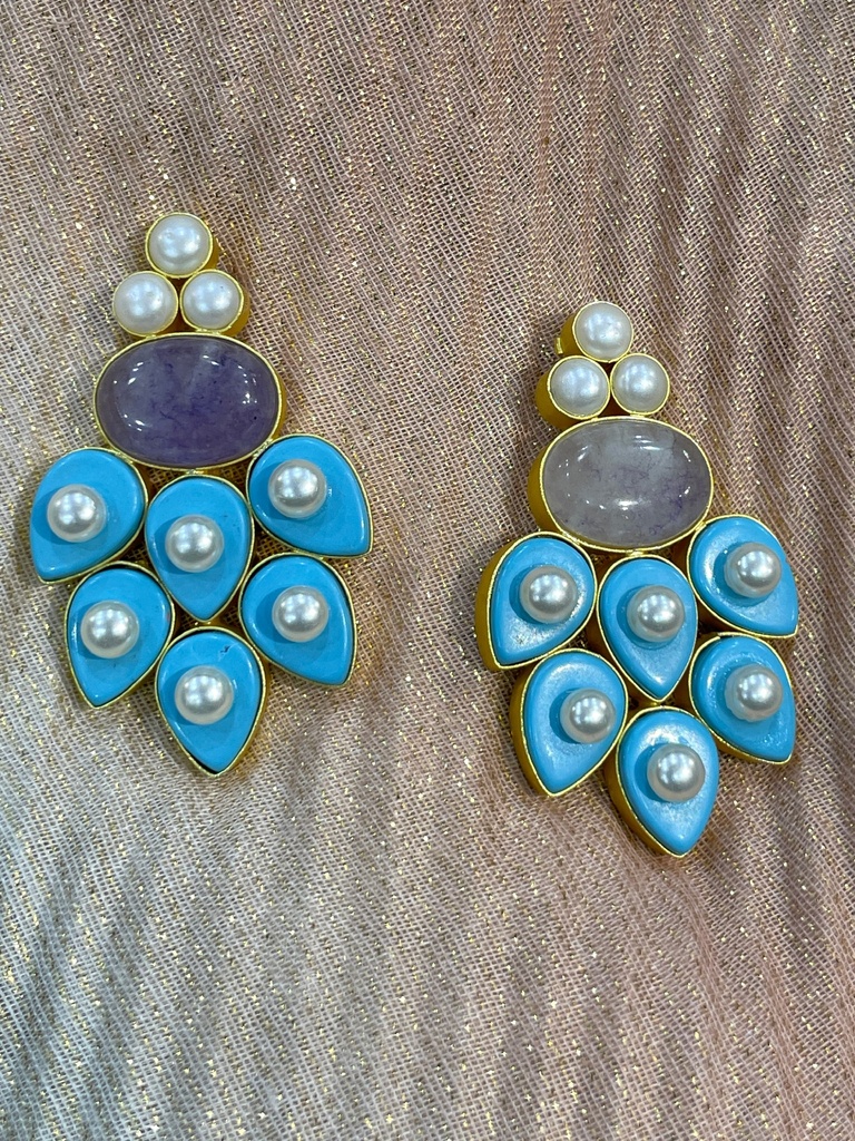 Moonstone with Turquoise &Pearl Earrings