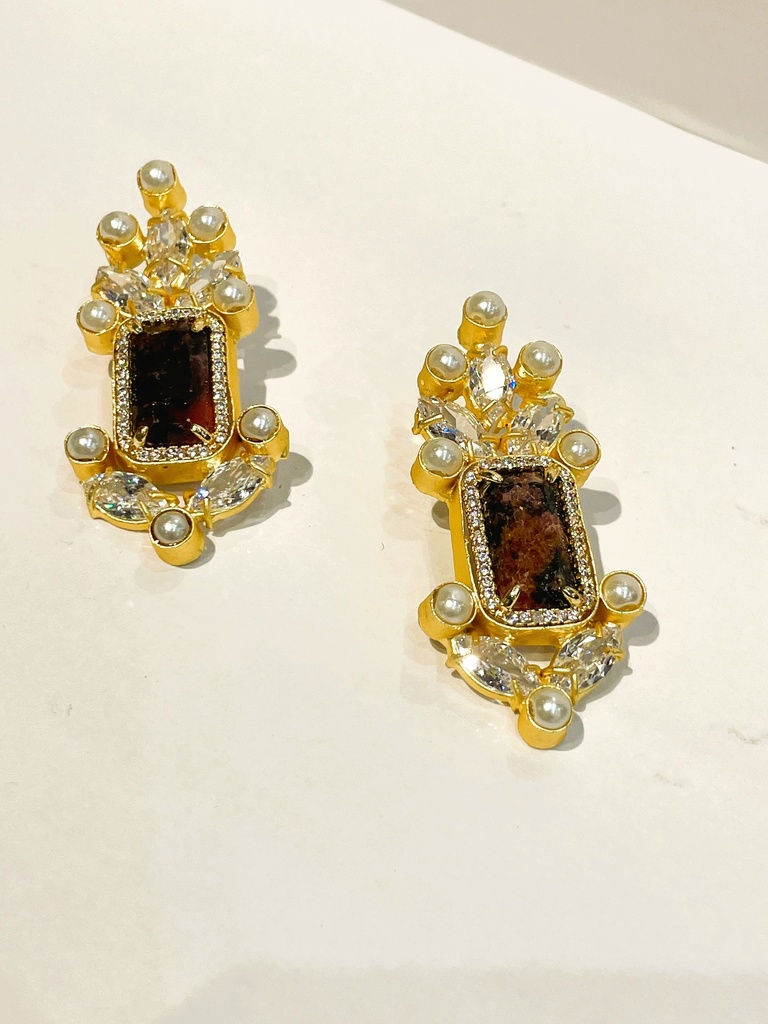 Jasper Burgundy Stone w/Pearls Earring
