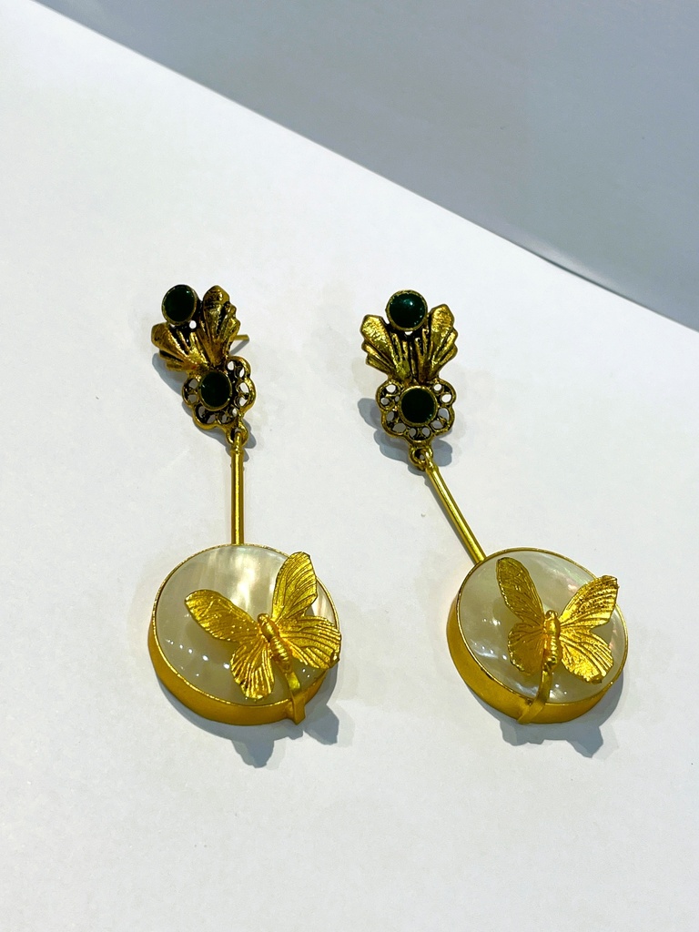 Gold Tone White Stone w/Butterfly Earrings