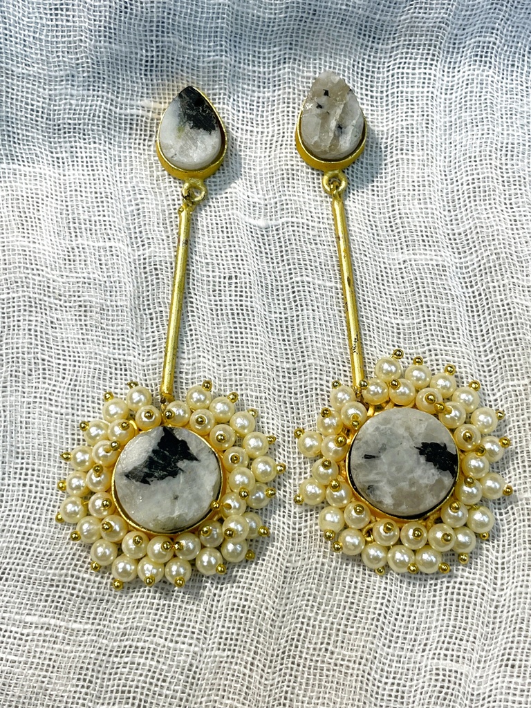 Raw Jasper Stone with Pearls Earring