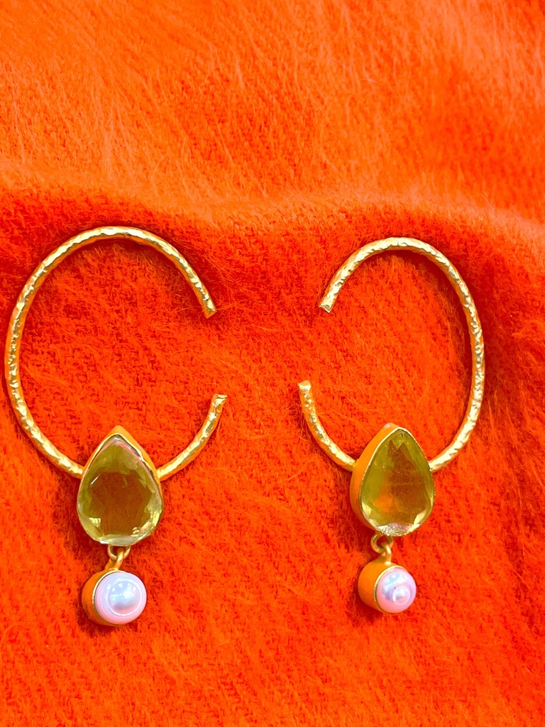 Gold Tone Yellow Stone Hoop Earrings