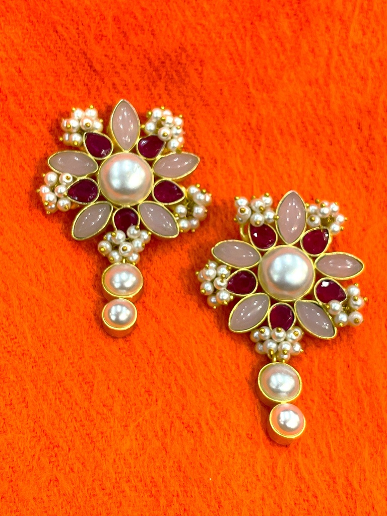 Floral Pearls,Rose Quartz w/Rubies Earrings