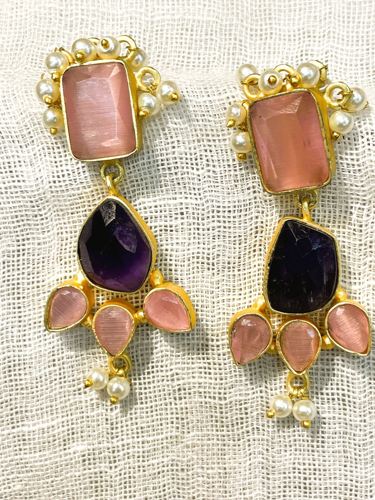 Pink Quartz w/Amethyst Stone Earrings