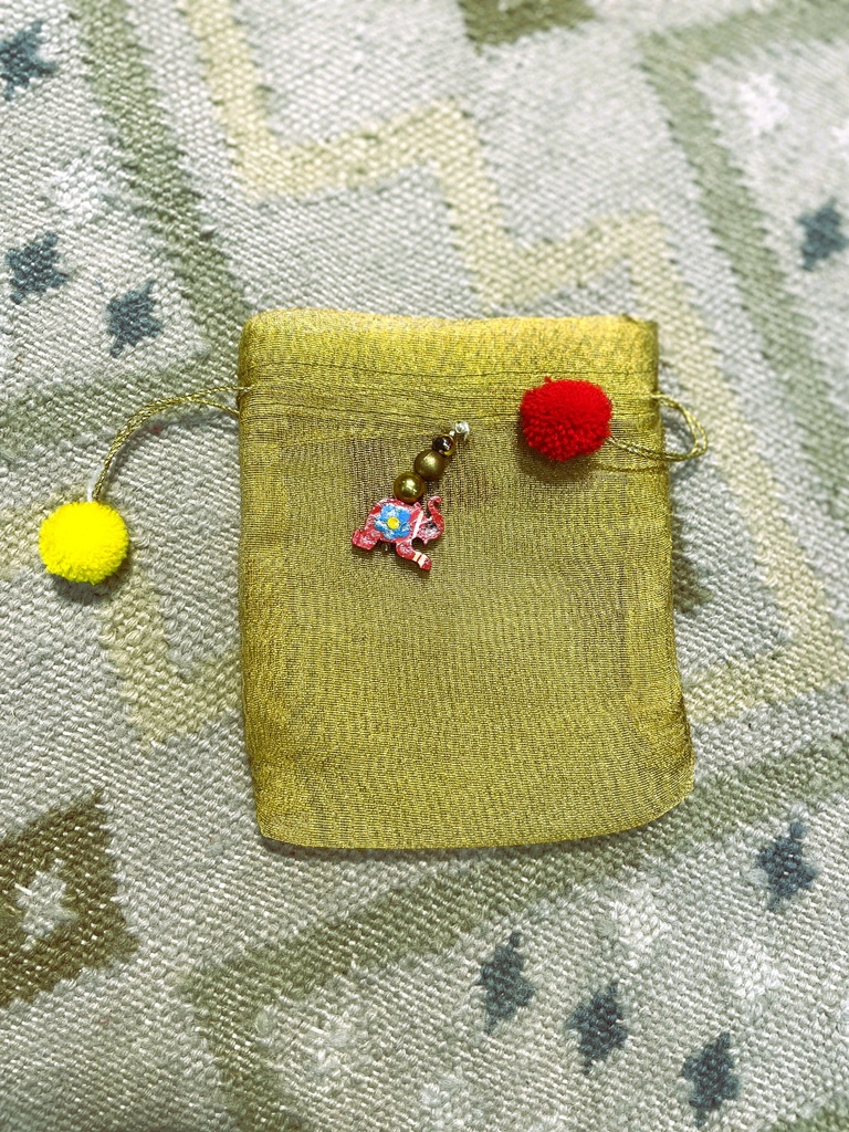 Small Organza Potli w/Pom2 Drawstring-Yellow (10x12cm)