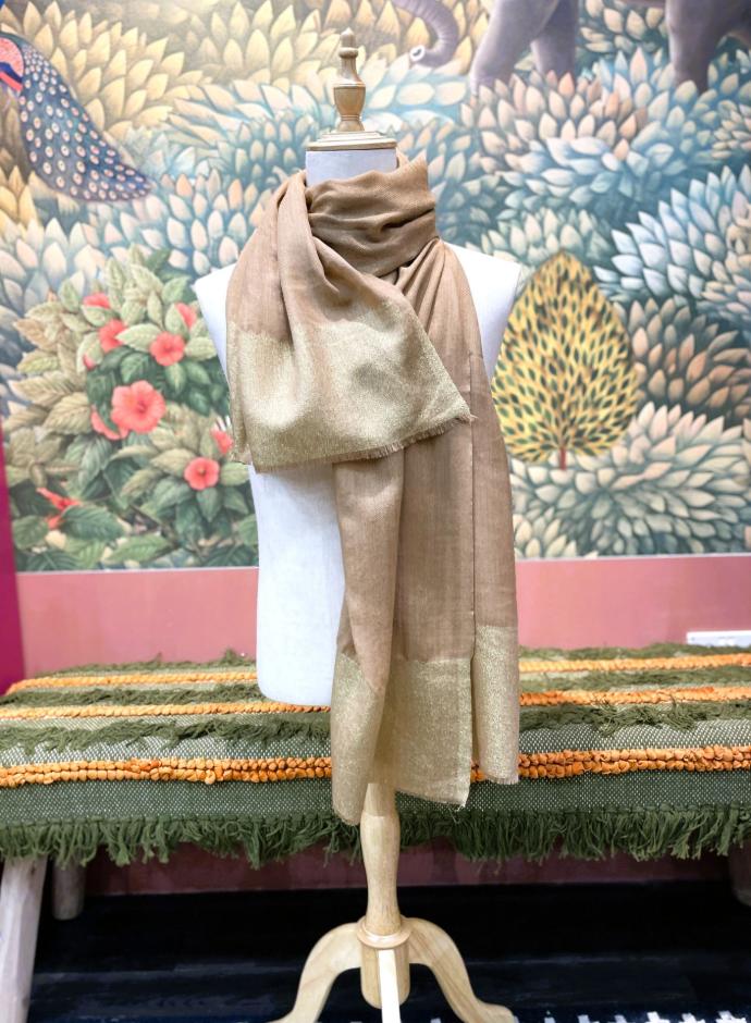 Fine Wool Shawl Woven w/Metallic Thread-L.Brown